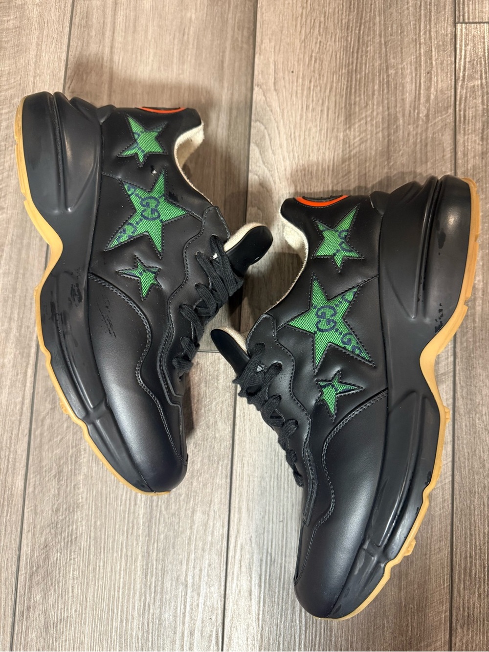 Gucci Black Leather Sneakers with Green Star Motif